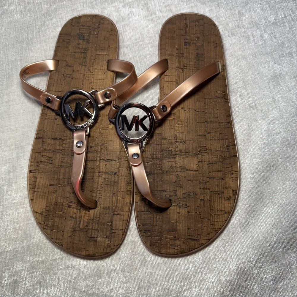 Michael Kors Rose Gold Logo Cork Thong Sandals Size 8